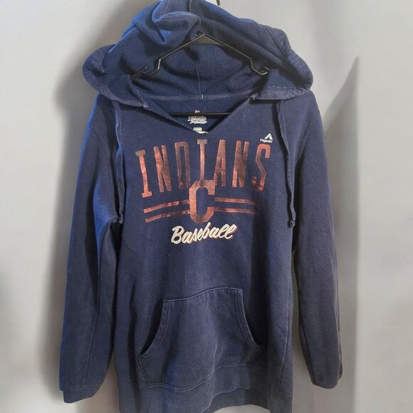Majestic Clevelad Indians Baseball Hoodie Womens Size Small Navy Blue Sweatshirt - Picture 3 of 6